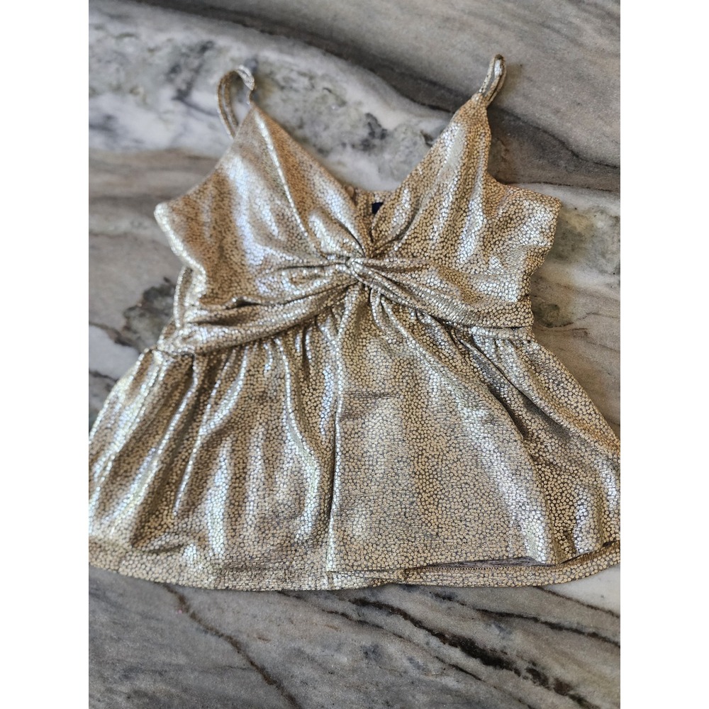 NWT Champagne Gold Metallic Foil Twist Front Peplum Cami Top Holiday M